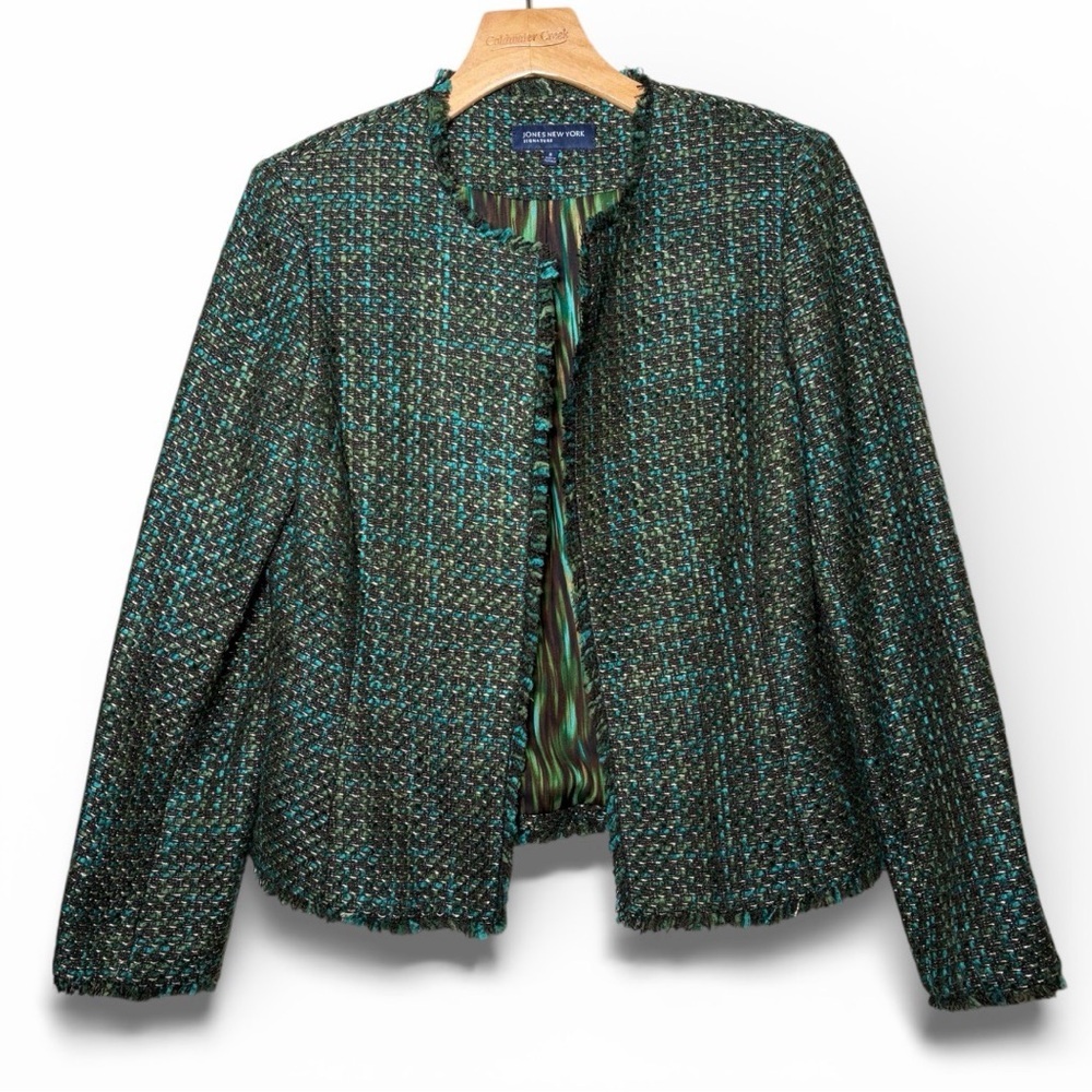 Jones New York Signature Emerald Green Tweed Open Front Blazer Size 8